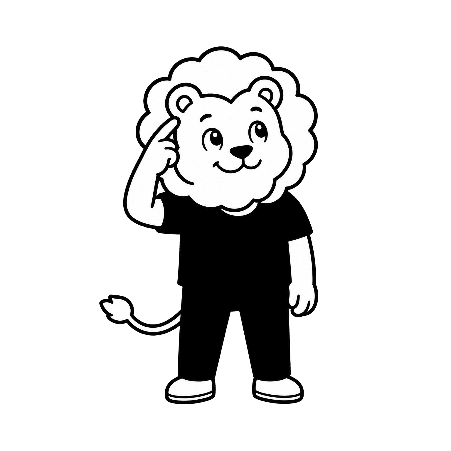 Mascotte lion pensive, qui réfléchit à la question
